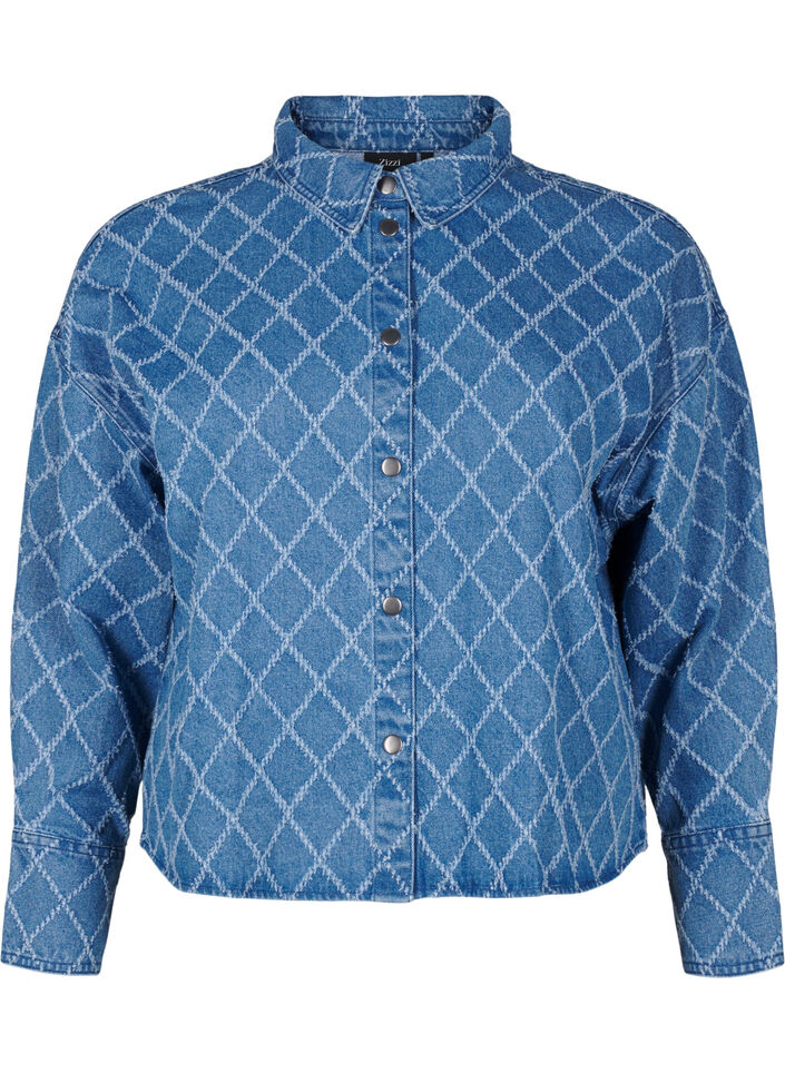 Denim blouse met destroyed patroon, Blue Denim, Packshot image number 0
