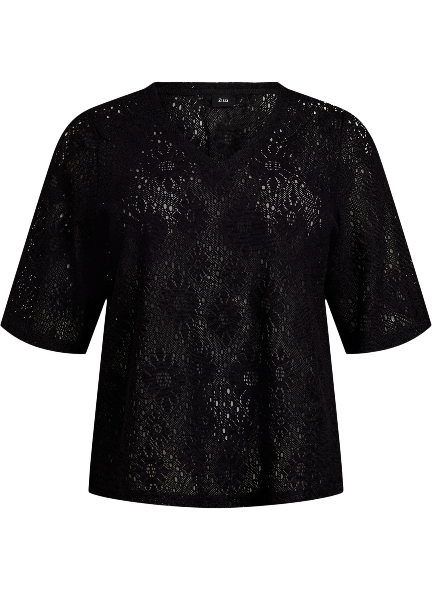 Zizzi Blouse met kort mouwen en een opengewerkt patroon, Zwart, Packshot image number 0
