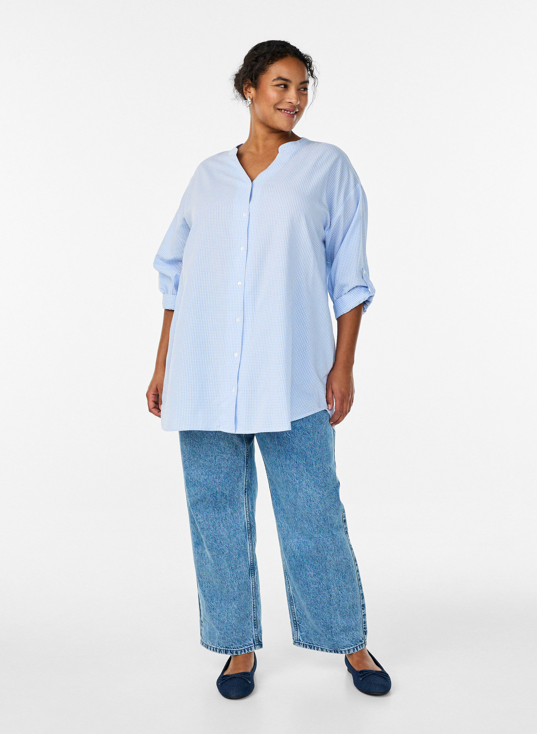 Zizzi Geruite tuniek met 3/4 mouwen, Blauw, Model image number 1
