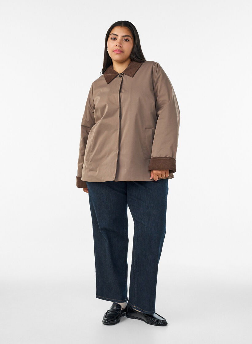 Licht gewatteerde jas met een corduroy kraag, Bruin, Model image number 1