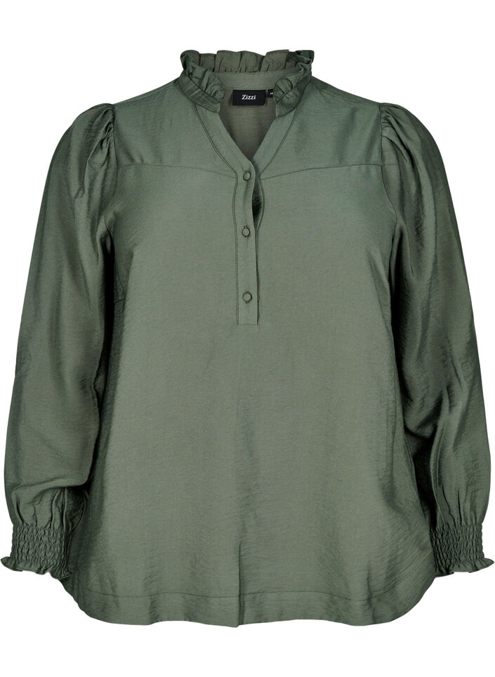 Blouse met rucheskraag, Groen, Packshot image number 0