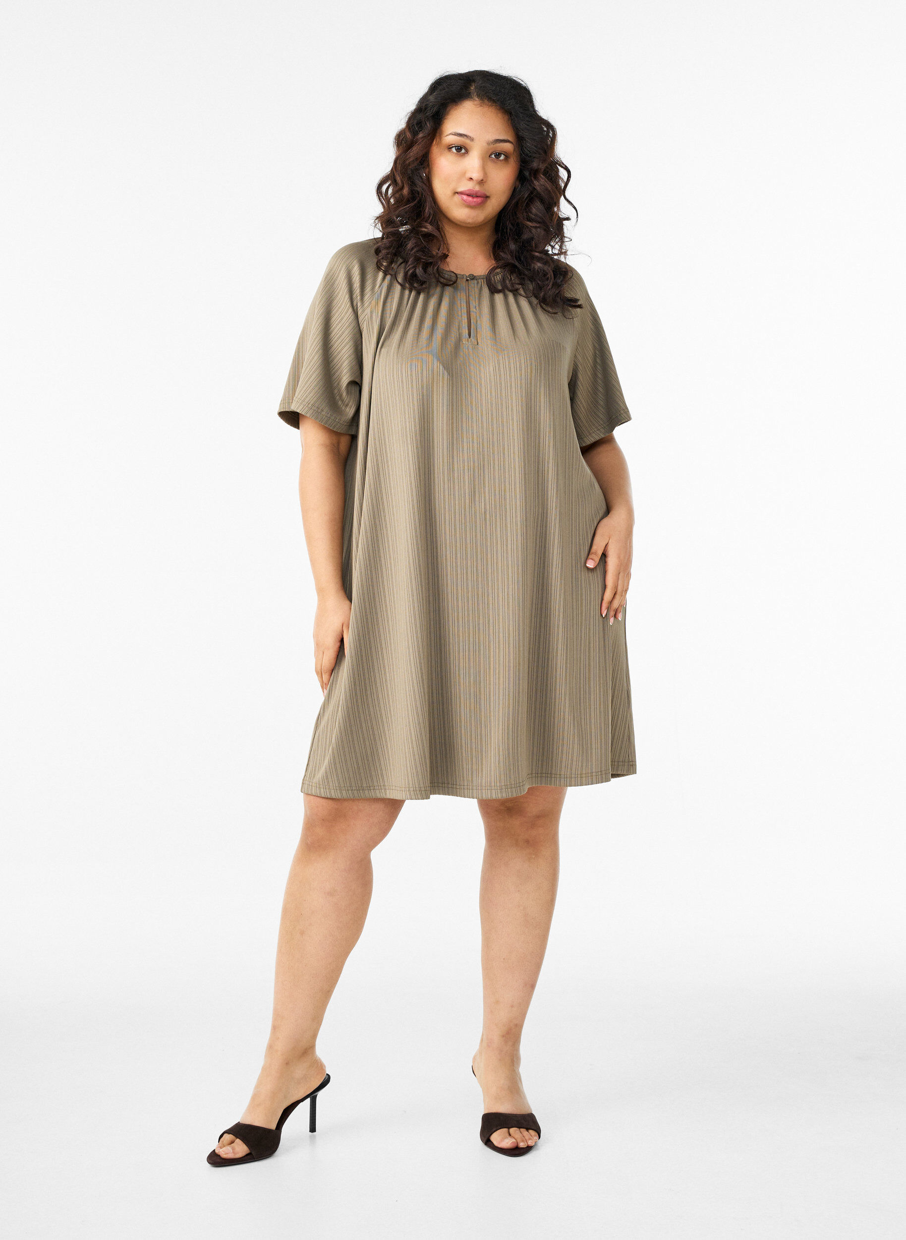 ZizziJersey tuniek met gestructureerde strepen, Bruin, Model image number 1