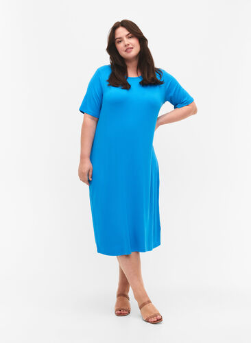 Halflange jurk met korte mouwen van viscose ribstof, Ibiza Blue, Model image number 0