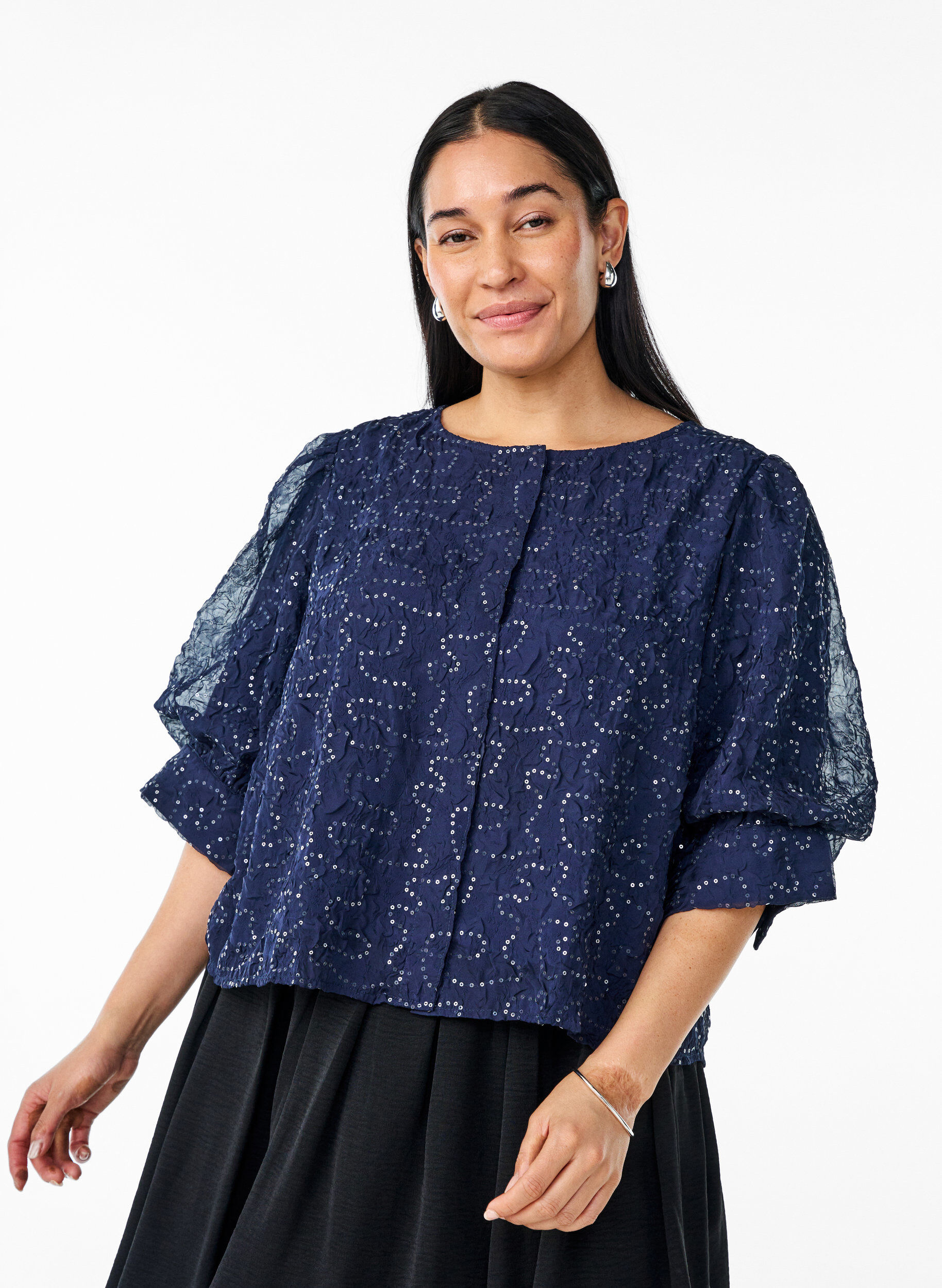 Zizzi Feestelijke blouse met pailletten en halflange mouwen, Blauw, Model image number 0