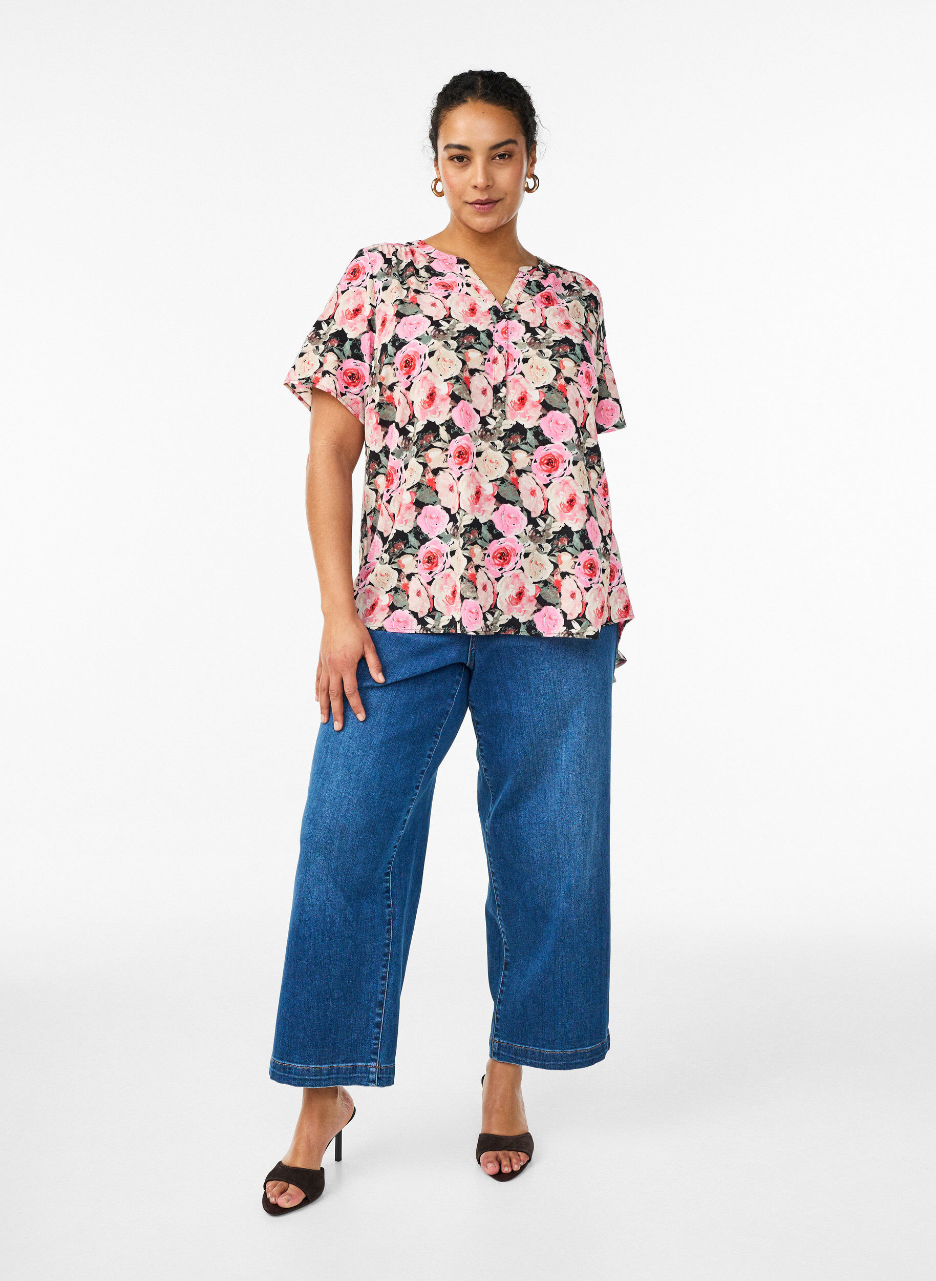 Zizzi Blouse met korte mouwen en v-halslijn, Roze, Model image number 1