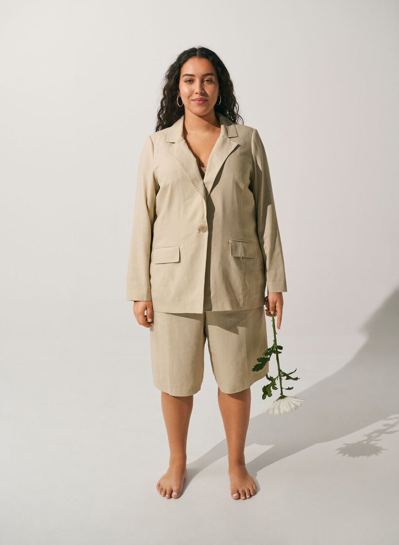 Blazer in linnen en viscose met revers en zakken, Beige, Image image number 0