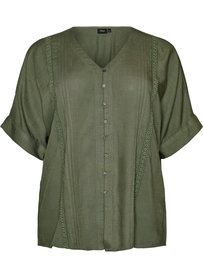 Viscose blouse met crochet detail en knopen, Groen, Packshot image number 0