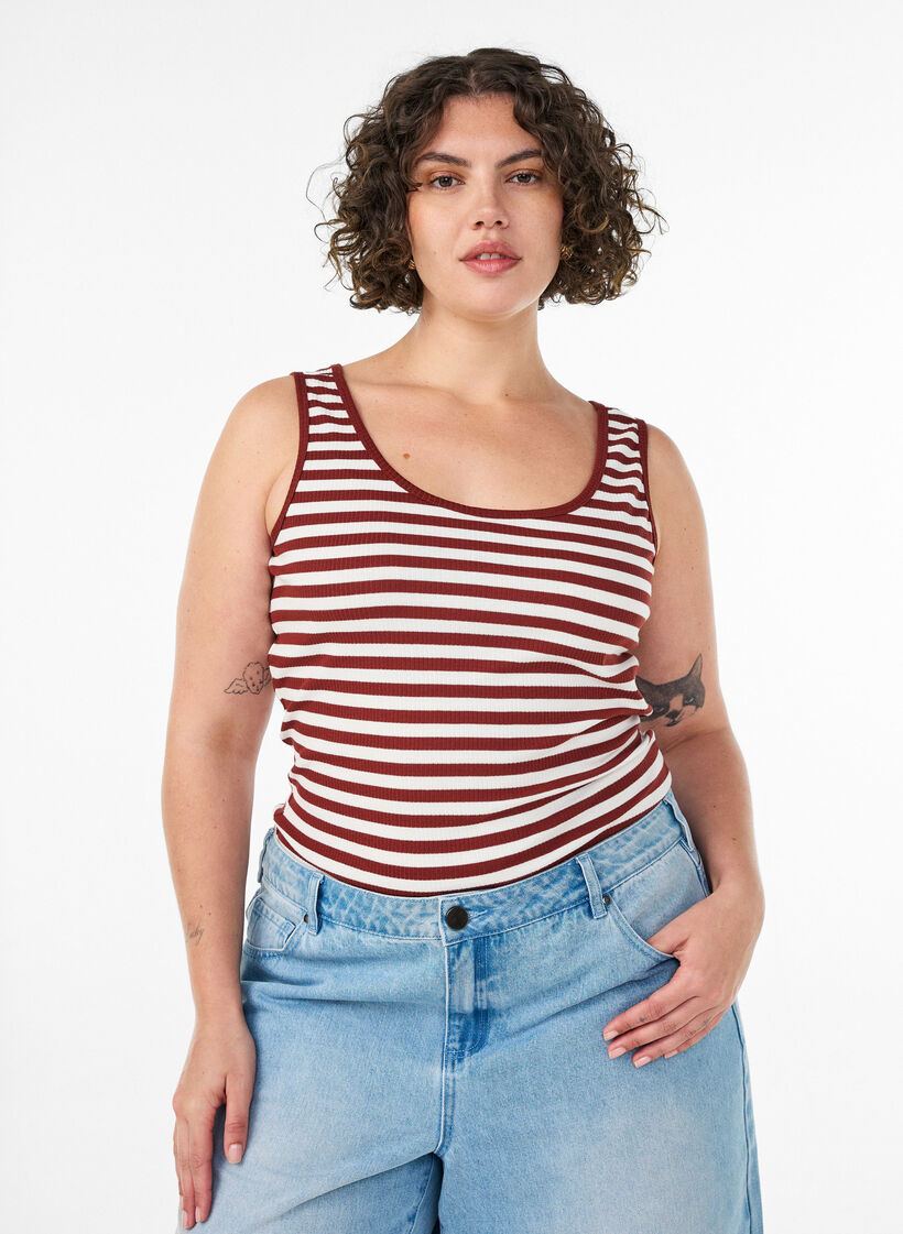 Gestreepte tanktop met een ribstructuur, Rood, Model image number 0