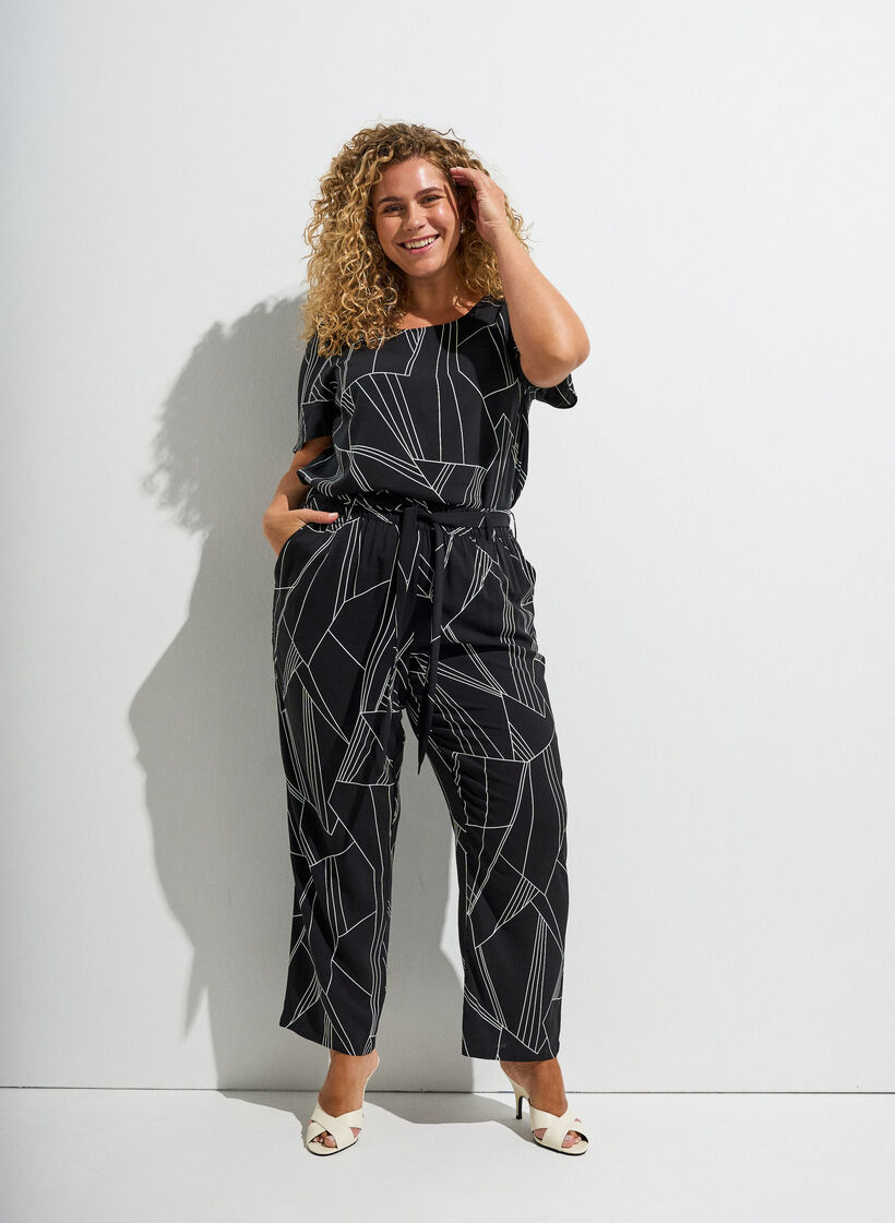 Viscose blouse met korte mouwen en print, Zwart, Image image number 0