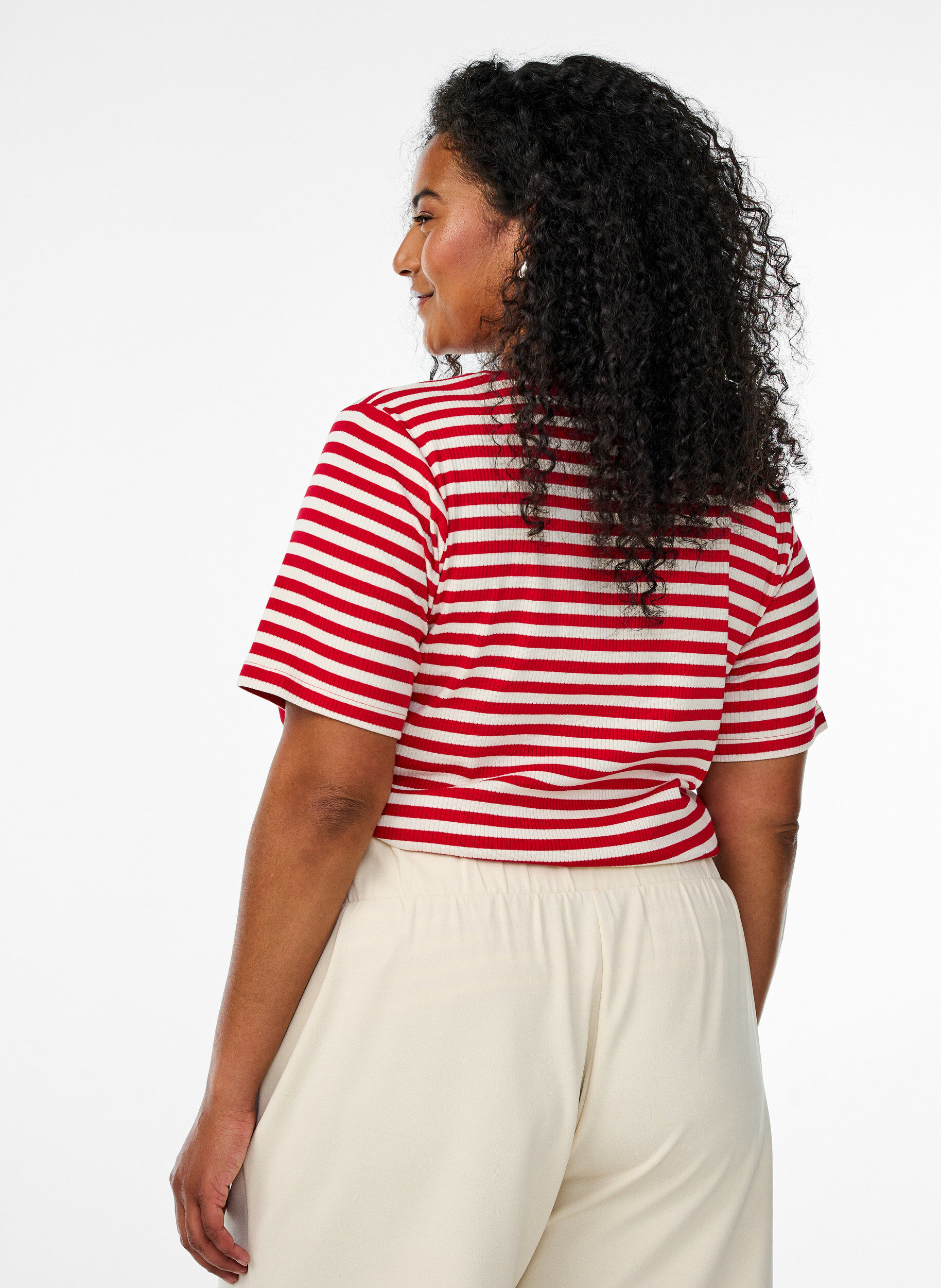 ZizziGestreept T-shirt met geribbelde textuur, Rood, Model image number 2