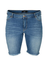 Denim short met hoge taille en onafgewerkt randen, Dark blue denim