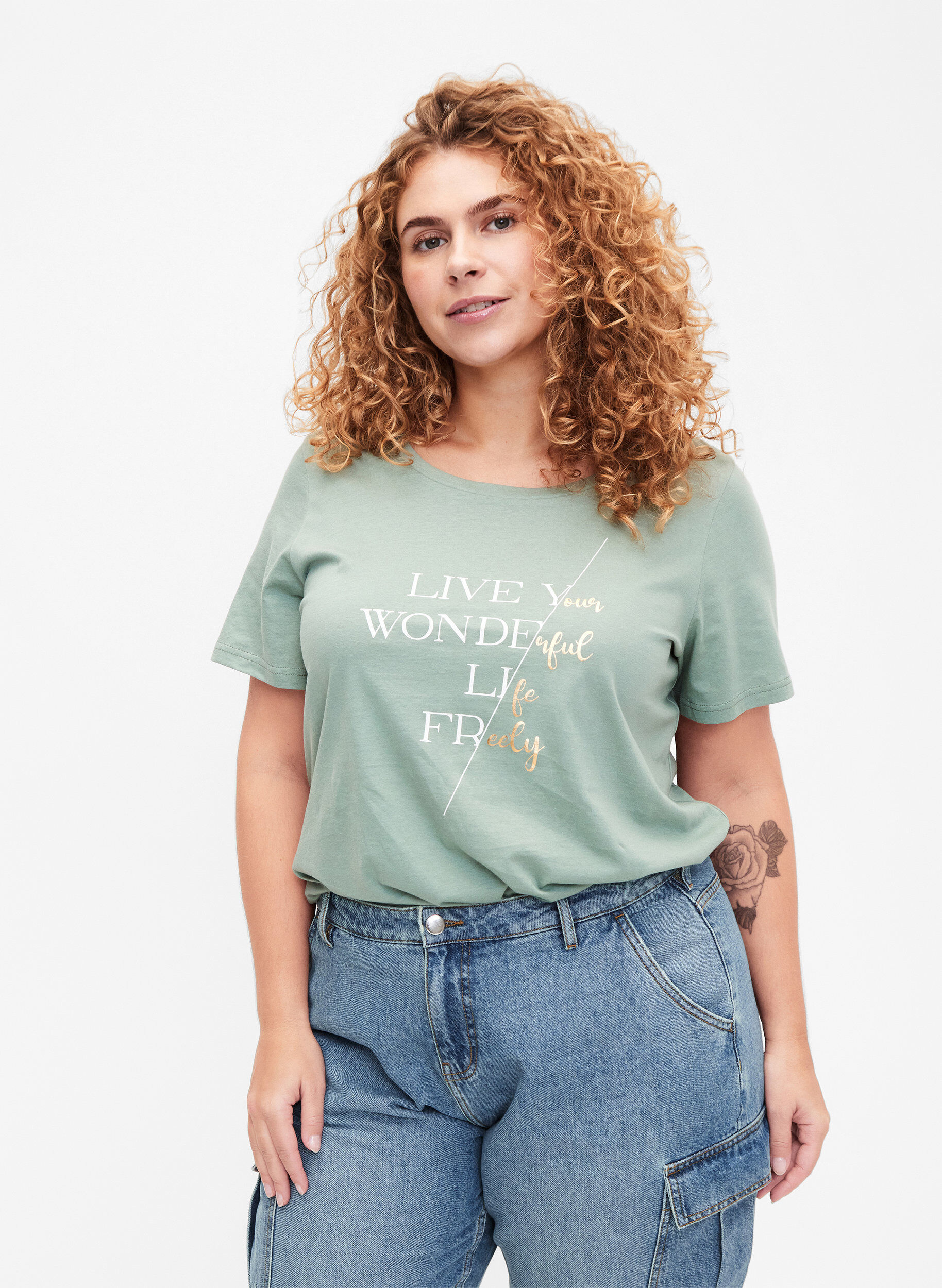 Zizzi Katoenen t-shirt met korte mouwen en elastische rand, Chinois G. W. Live, Model image number 0