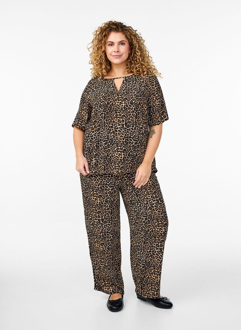 Viscose blouse met korte mouwen met print, Bruin, Model image number 1