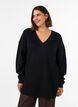 Lange ribgebreide blouse met V-hals, Zwart, Model image number 0