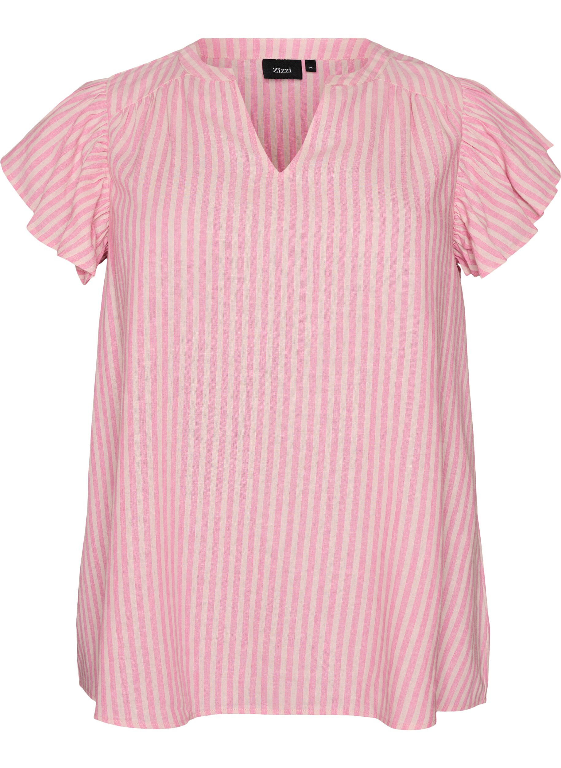 ZizziViscose en linnen blouse met ruches aan de mouwen, Roze, Packshot image number 0