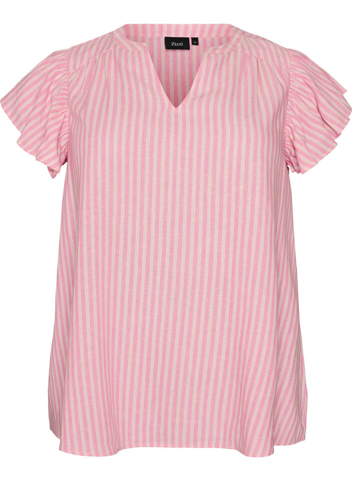 Viscose en linnen blouse met ruches aan de mouwen, Roze, Packshot image number 0