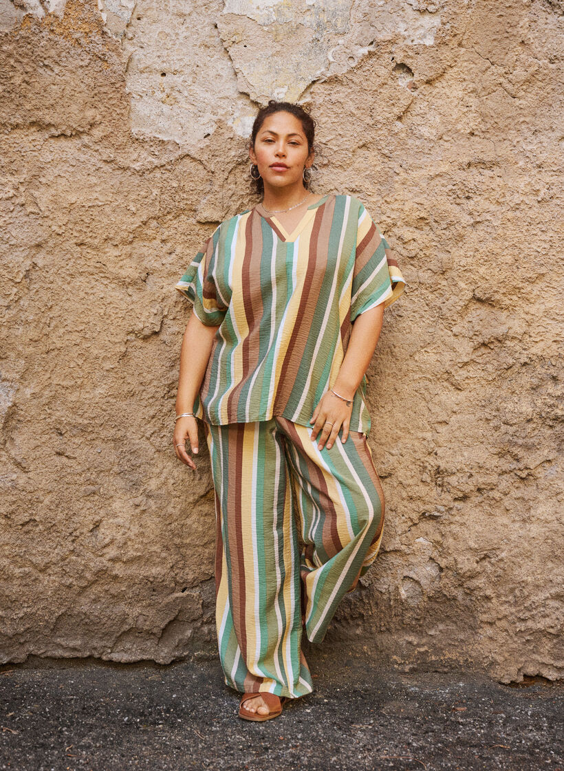 Losse viscose broek met strepen, Bruin, Image image number 0