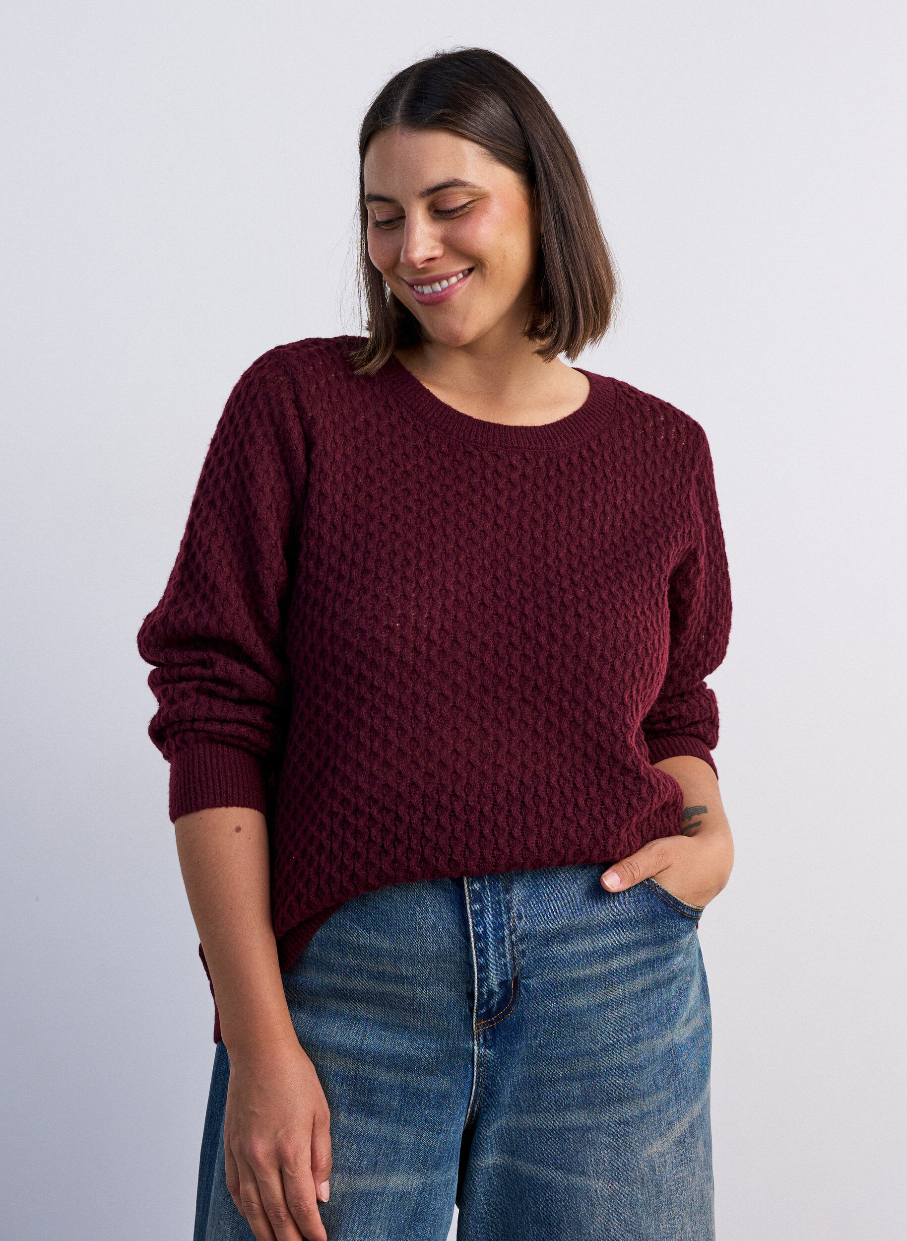ZizziGebreide blouse met een opengewerkt structuurpatroon, Rood, Model image number 0