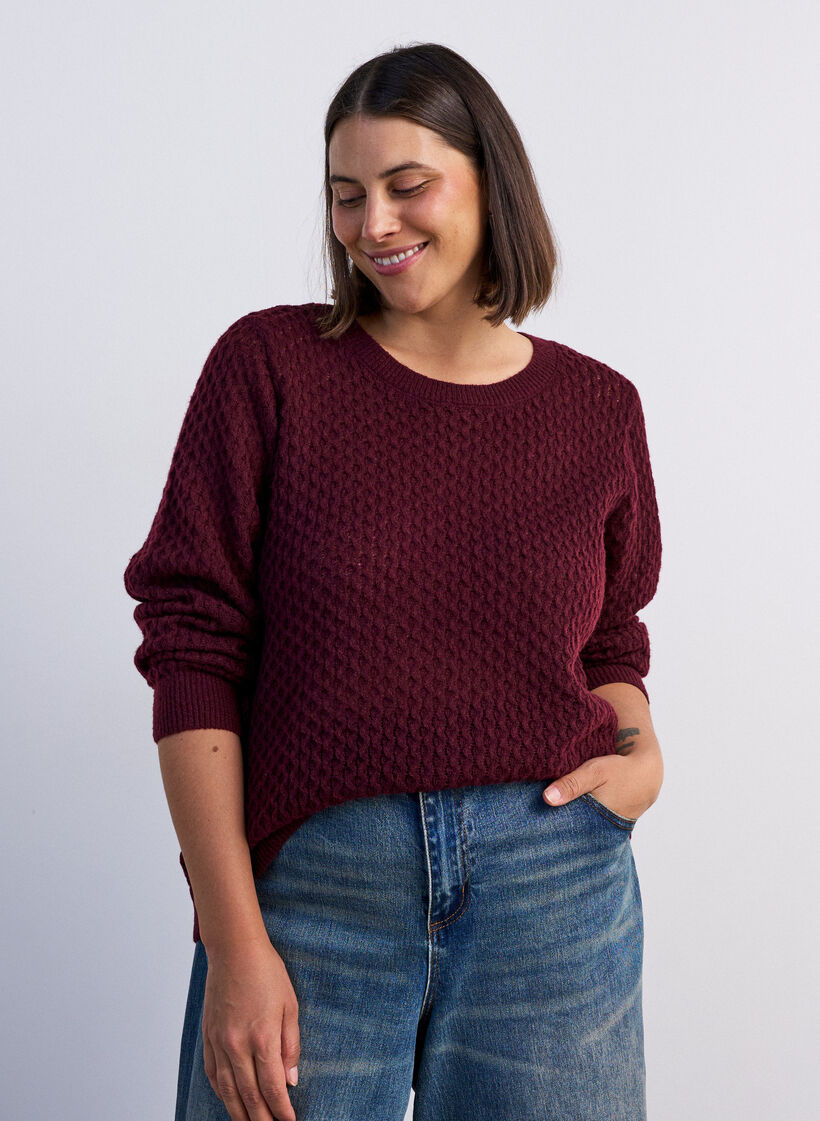 Gebreide blouse met een opengewerkt structuurpatroon, Rood, Model image number 0