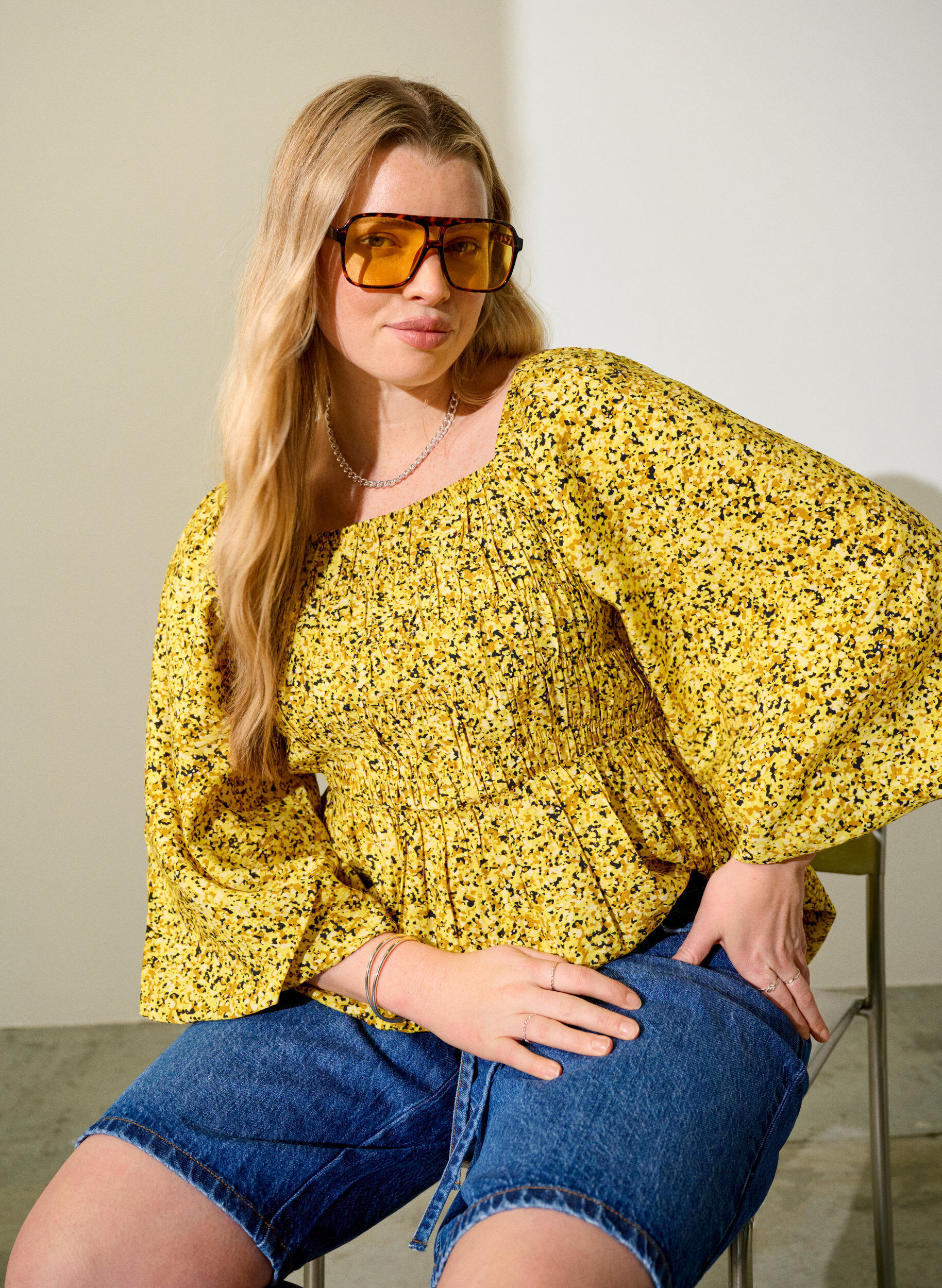 ZizziBlouse met smock en vierkante halslijn, Geel, Image image number 0