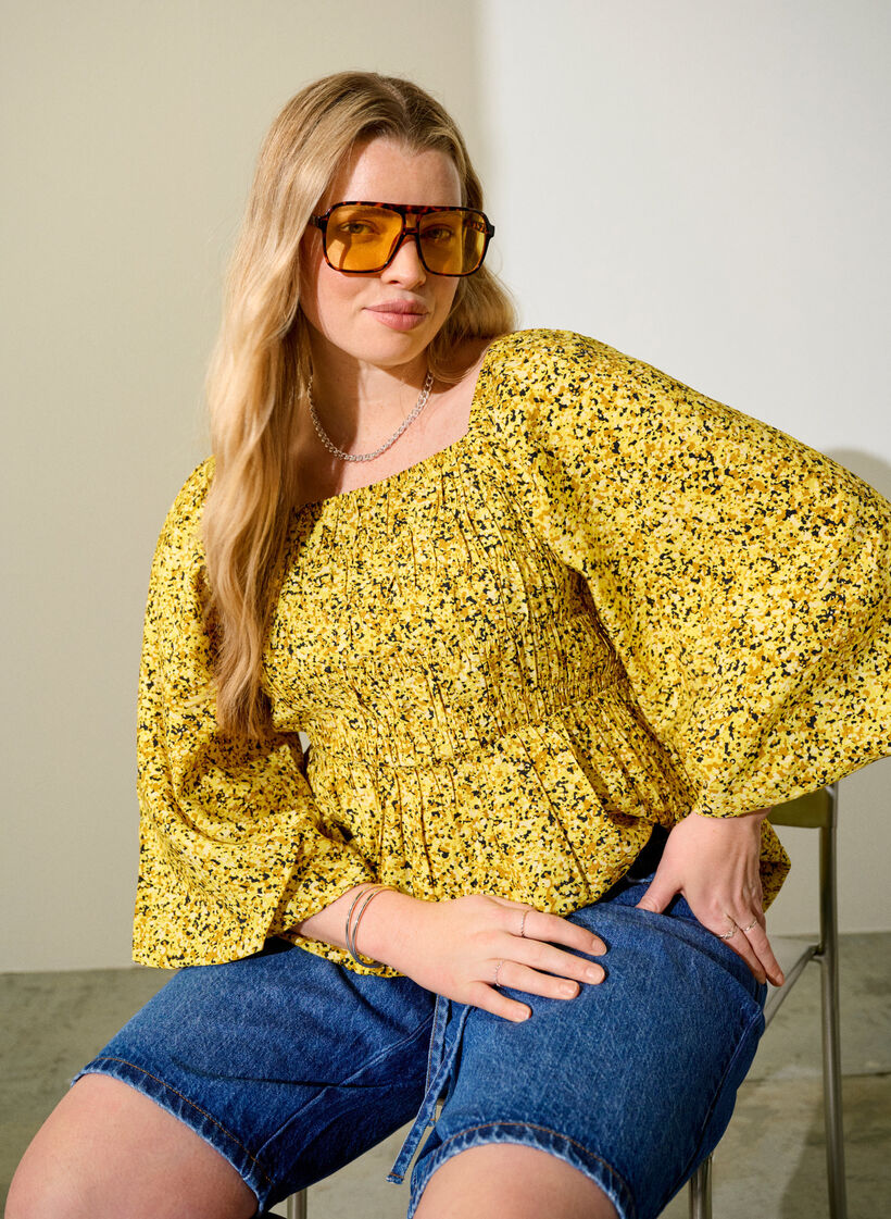 Blouse met smock en vierkante halslijn, Geel, Image image number 0