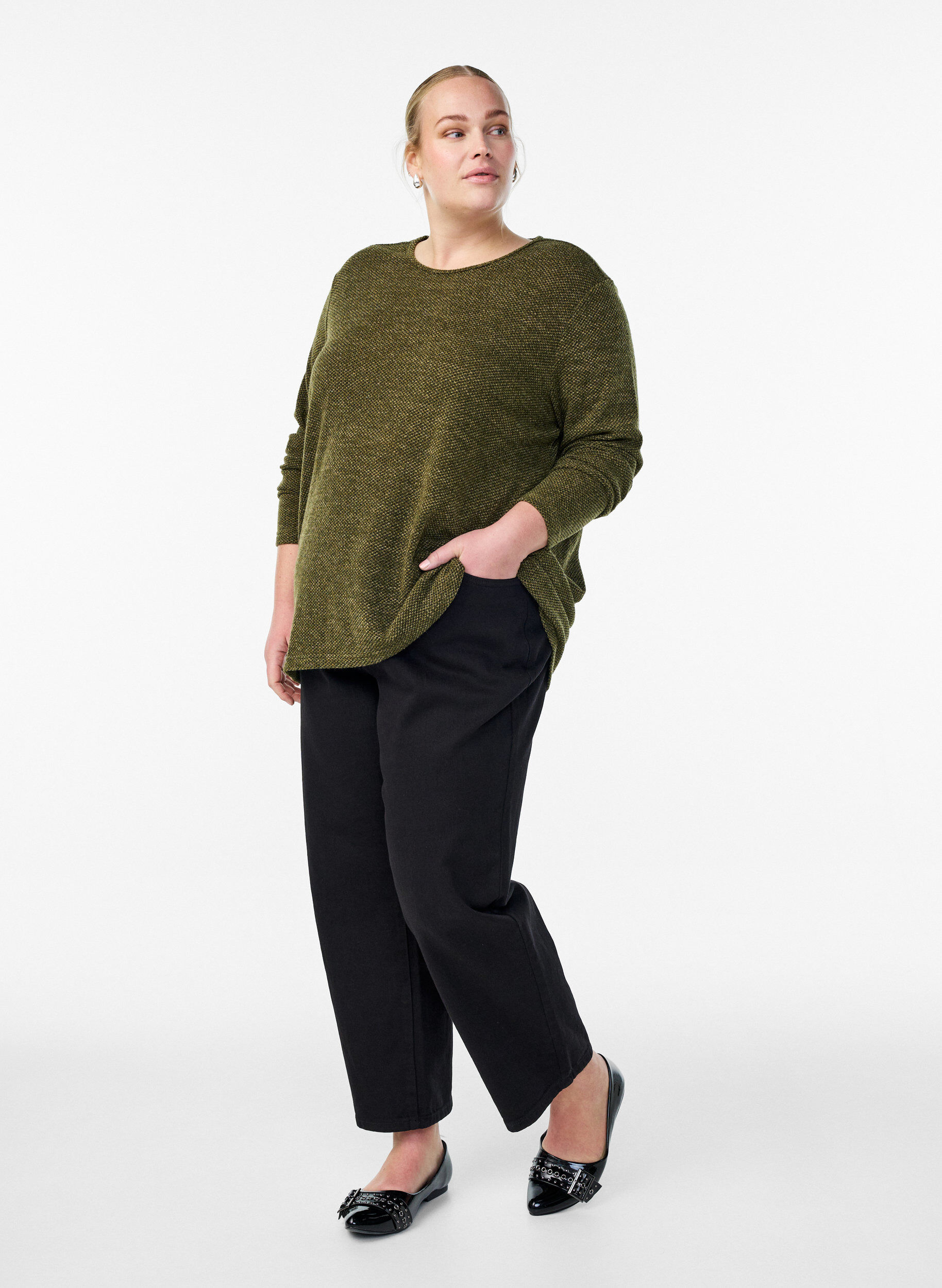 Zizzi Blouse met lange mouwen en structuur, Groen, Model image number 1