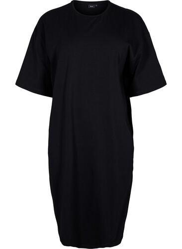 Katoenen jurk met korte mouwen en splitjes, Black, Packshot image number 0