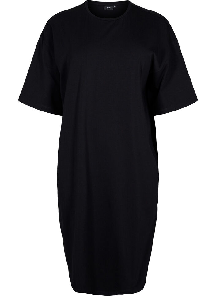 Katoenen jurk met korte mouwen en splitjes, Black, Packshot image number 0