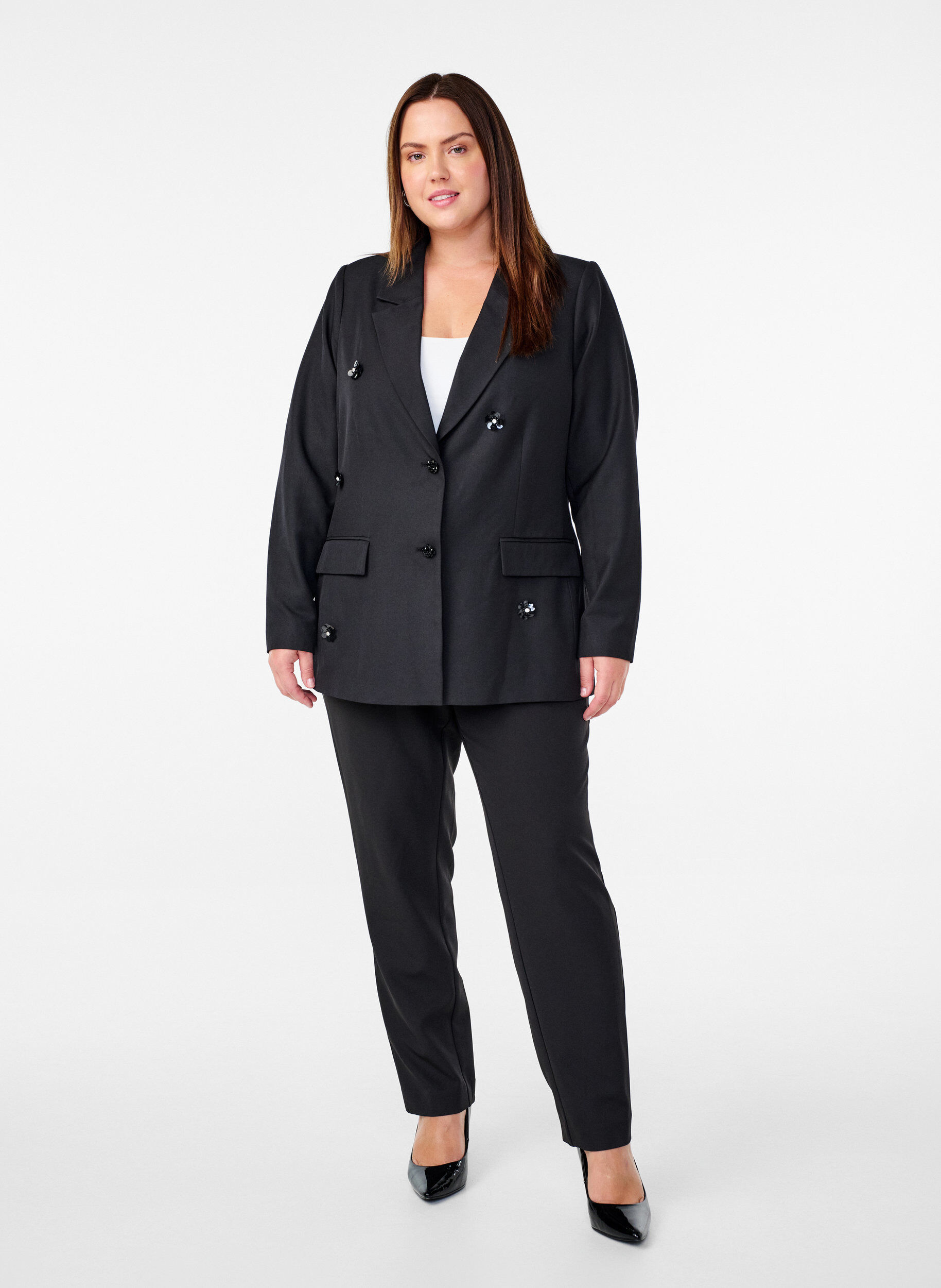 Zizzi Blazer met paillettenbloemen, Black, Model image number 3