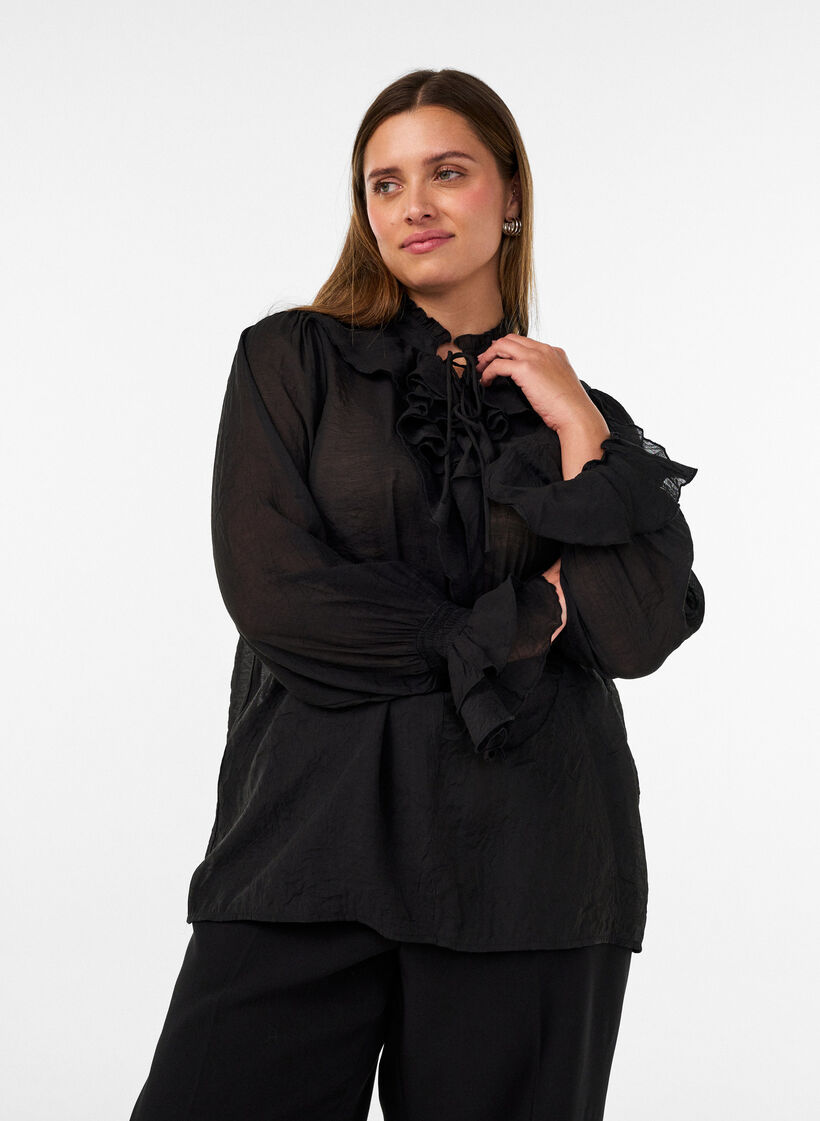 Viscose blouse met ruches en lange mouwen, Zwart, Model image number 0