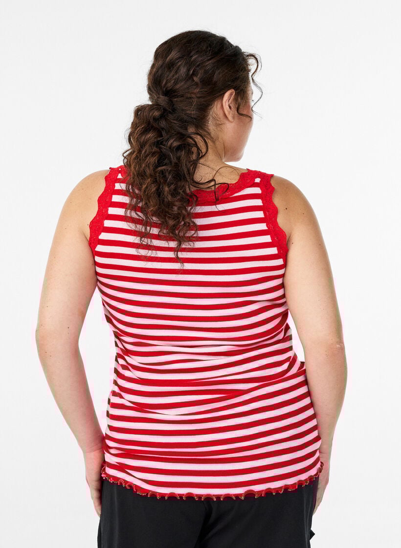 Gestreept top met een geribde textuur en een kanten randje, Roze, Model image number 2