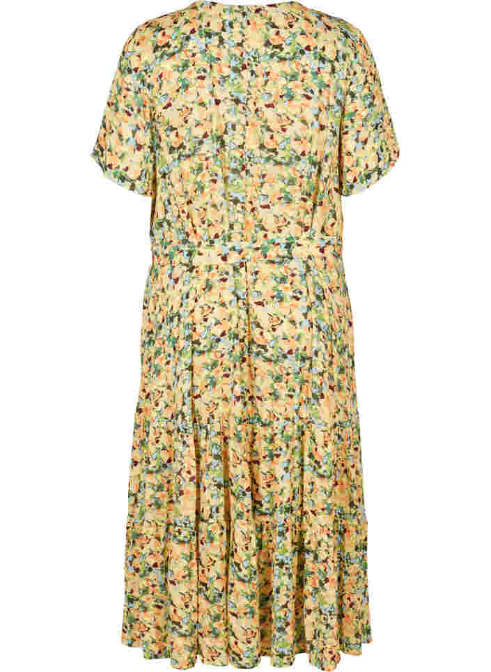 Midi-jurk met korte mouwen in viscose, Yellow Summer AOP, Packshot image number 1