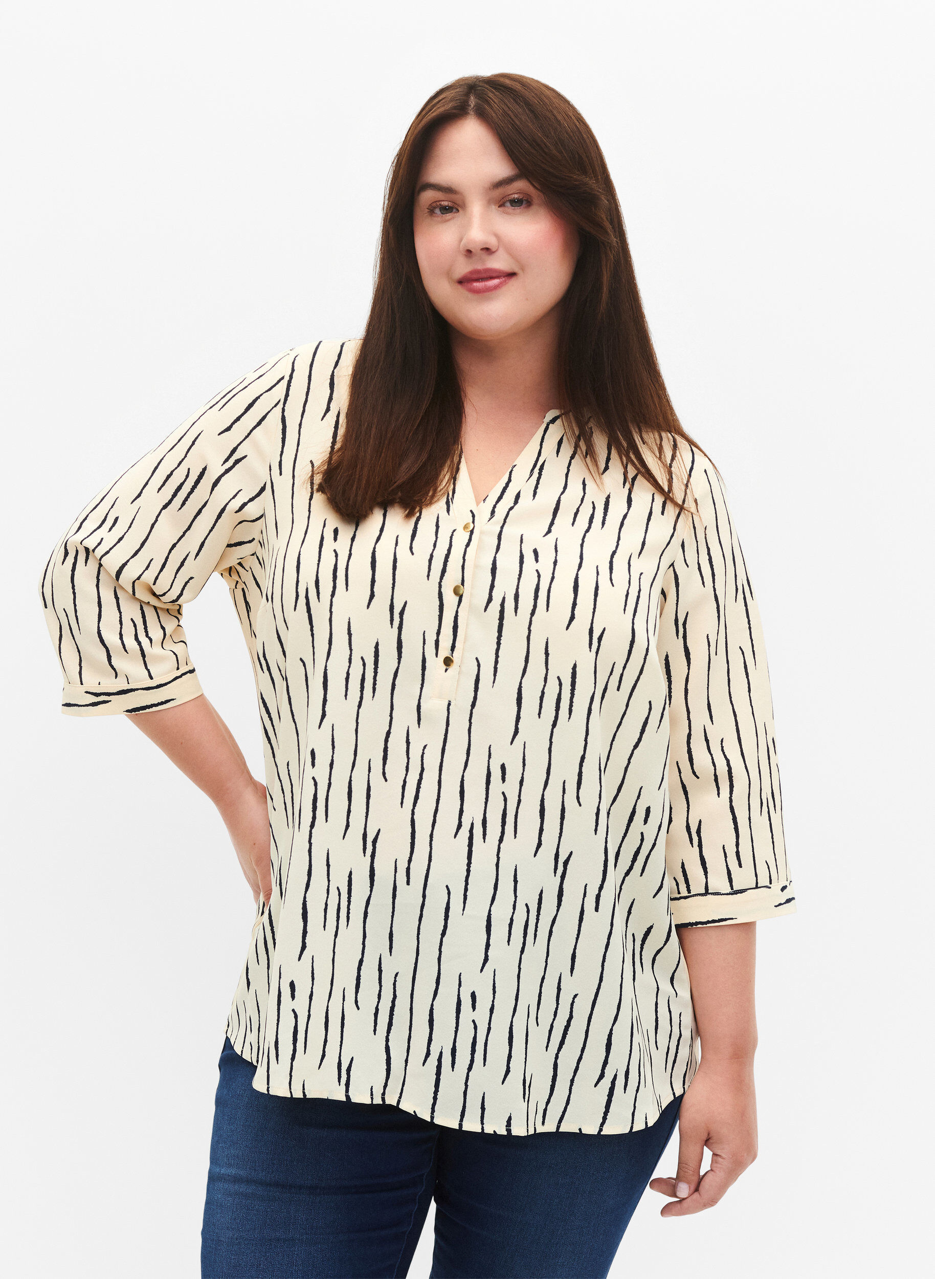 Zizzi Blouse met print en 3/4 mouw, Off White Stripe, Model image number 0