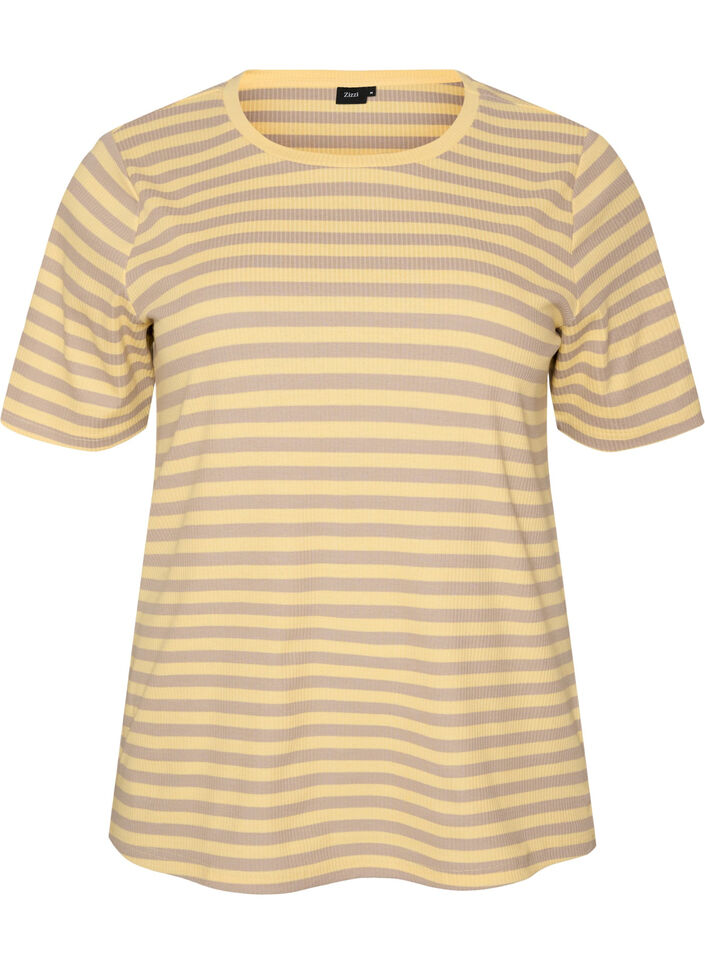 Gestreept T-shirt met geribbelde textuur, Geel, Packshot image number 0