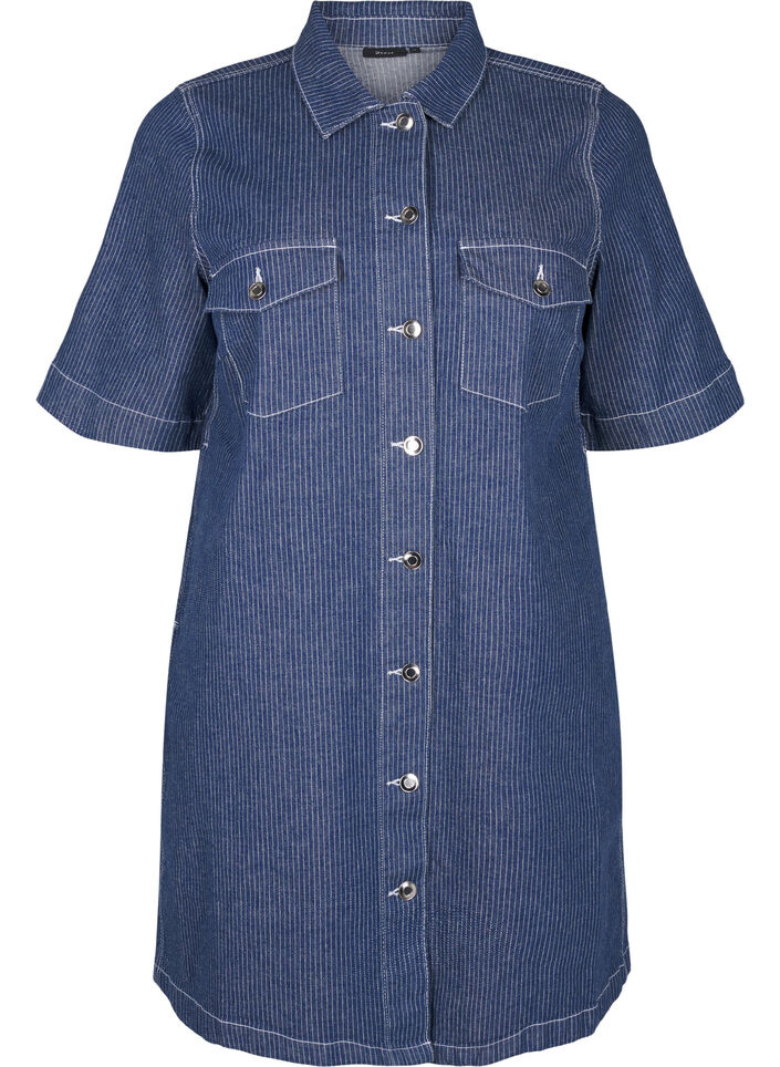 Krijtstreep spijkerjurk met borstzakken, Blue Denim Stripe, Packshot image number 0