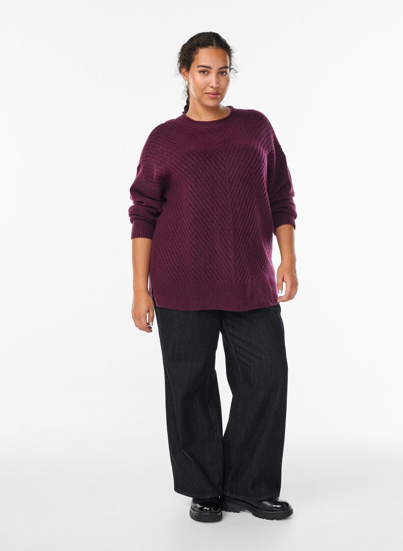 Gebreide blouse met V-vormig geribd patroon en zijsplitjes, Paars, Model image number 1