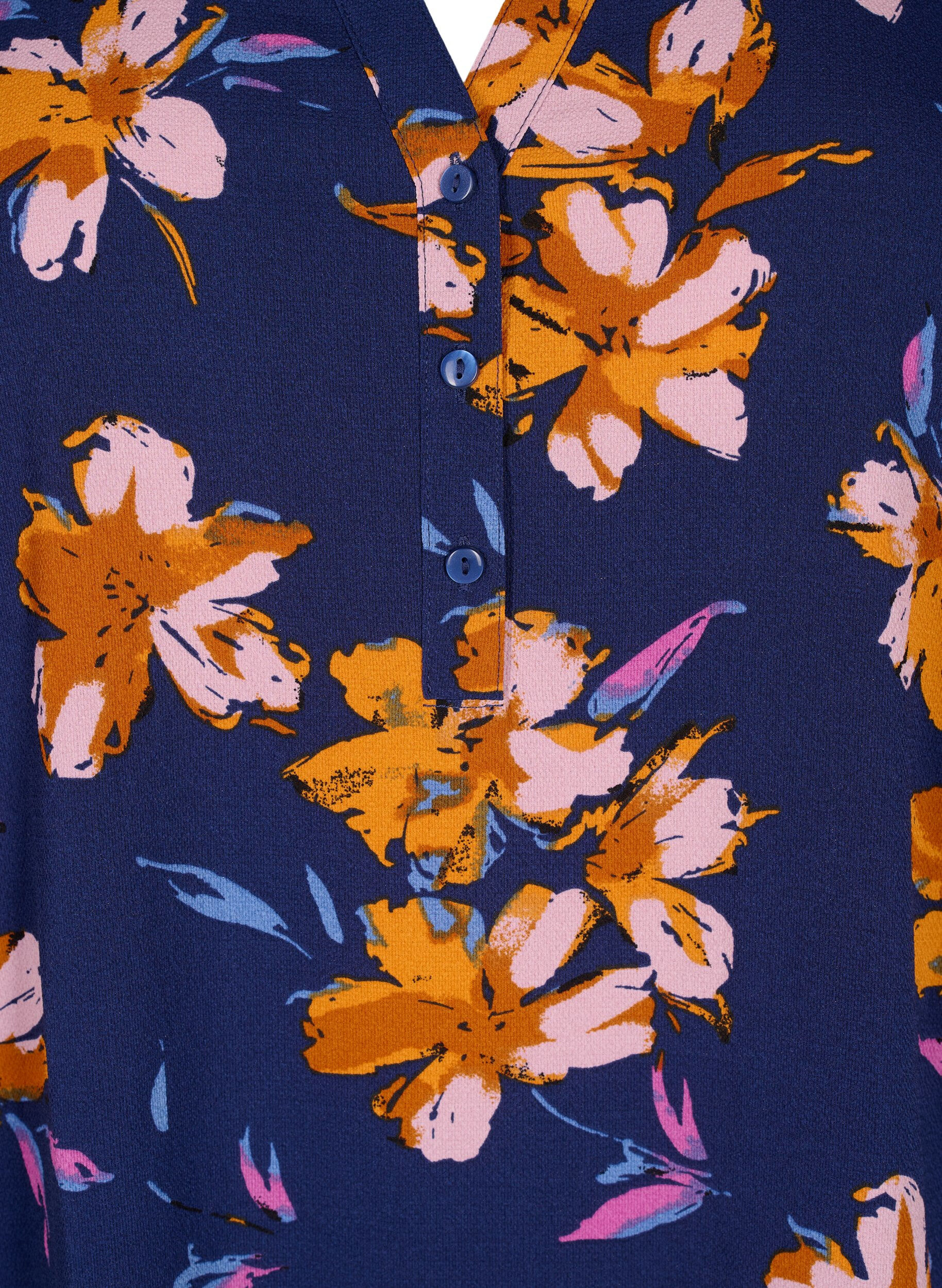 Zizzi Gebloemde blouse met 3/4 mouwen, Peacoat Flower AOP, Packshot image number 2