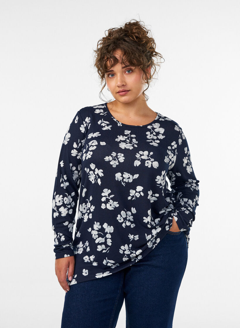 Gebloemde blouse met lange mouwen, Blauw, Model image number 0