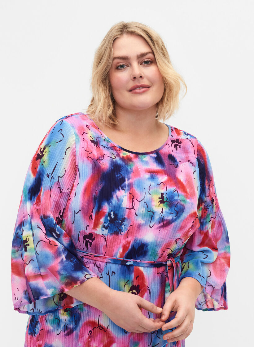 Bedrukte geplooide jurk met bindband, Lavender Space AOP, Model image number 2