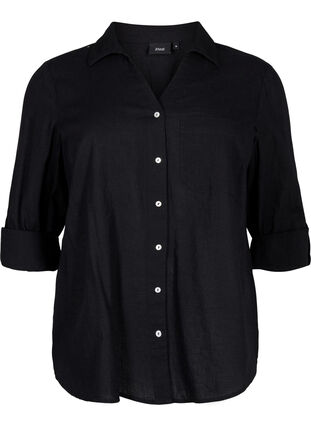 Shirt blouse met knoopsluiting van katoen-linnenmix, Black, Packshot image number 0
