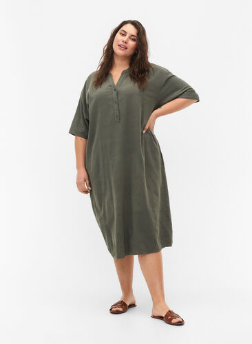 FLASH - Midi jurk met korte mouwen in katoen, Balsam Green, Model image number 0