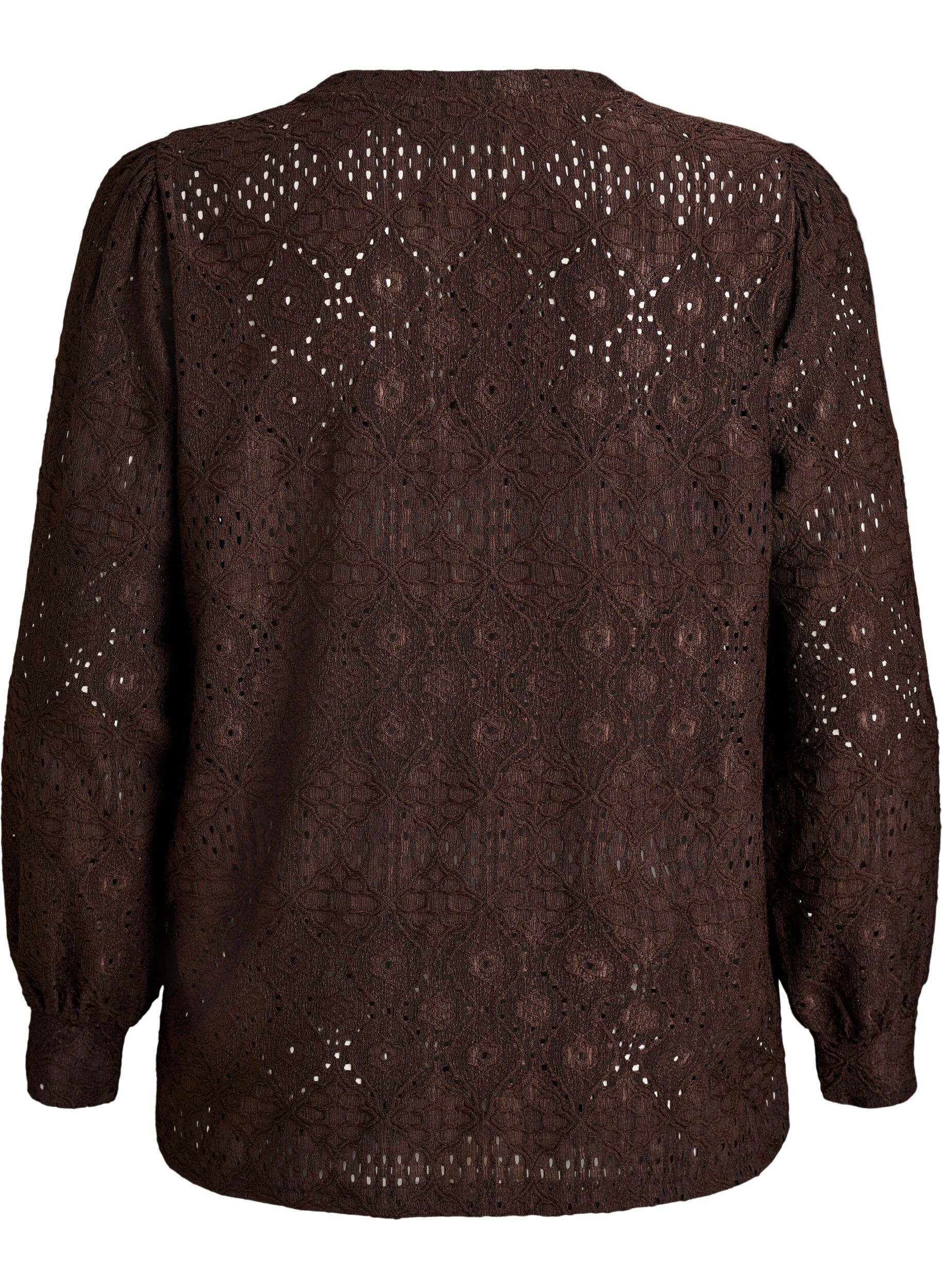 Zizzi Blouse met lange mouwen en opengewerkte borduursels, Bruin, Packshot image number 1