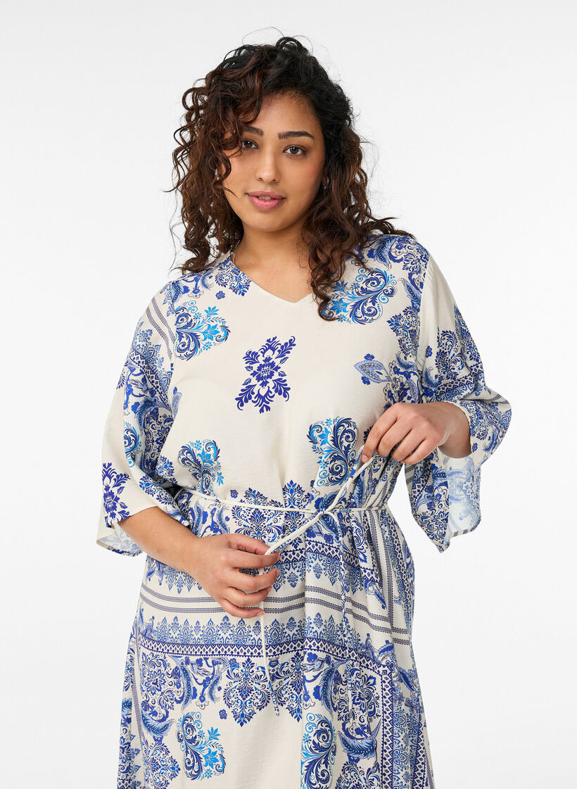 Gedessineerde midi jurk in viscose met strikceintuur, Blauw, Model image number 2