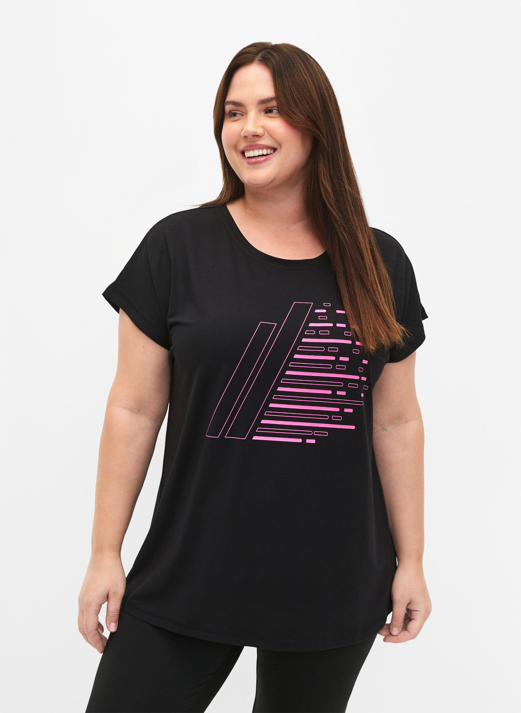 Zizzi Trainings-T-shirt met korte mouwen en print, Black/Sugar Plum, Model image number 0