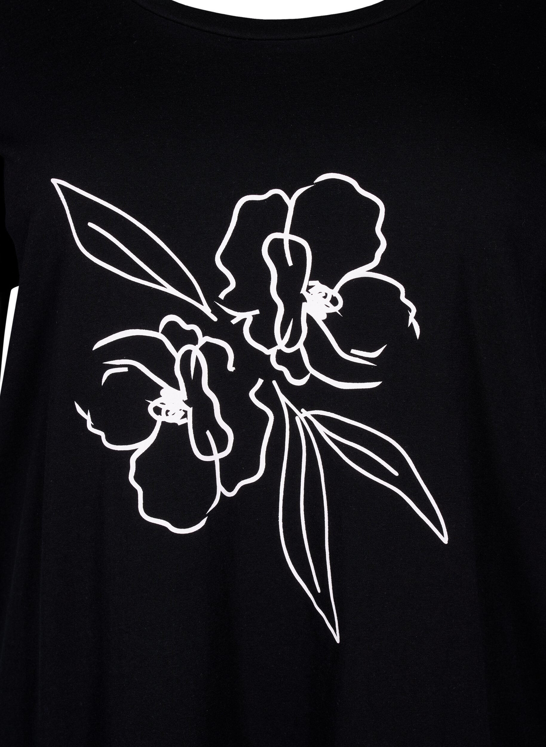 Zizzi Katoenen T-shirt met motief, Black w. Flower, Packshot image number 2