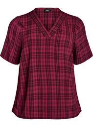 Blouse met ruitjesmotief en V-hals, Donker Bordeaux