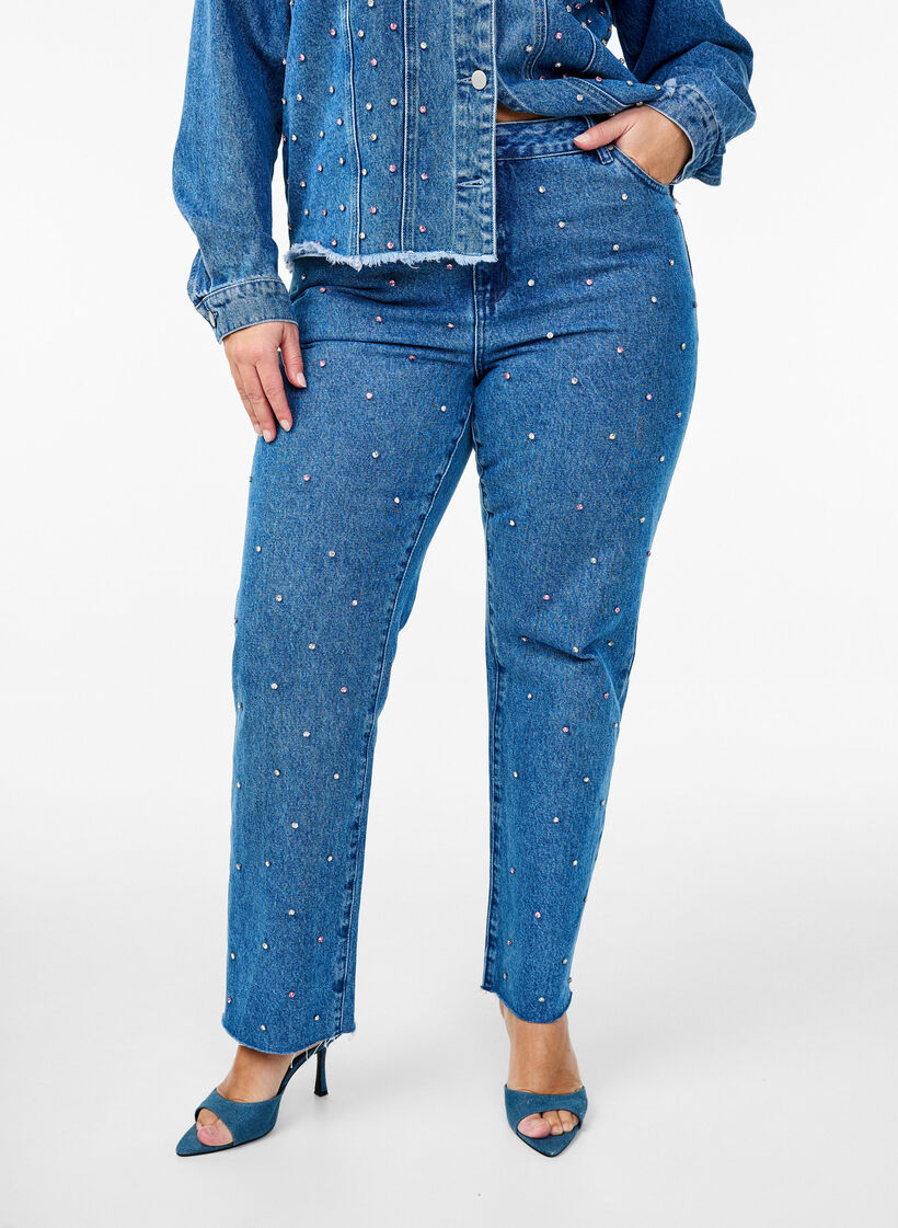 Hoog getailleerde Gemma jeans met strass-steentjes, Blauw, Model image number 2