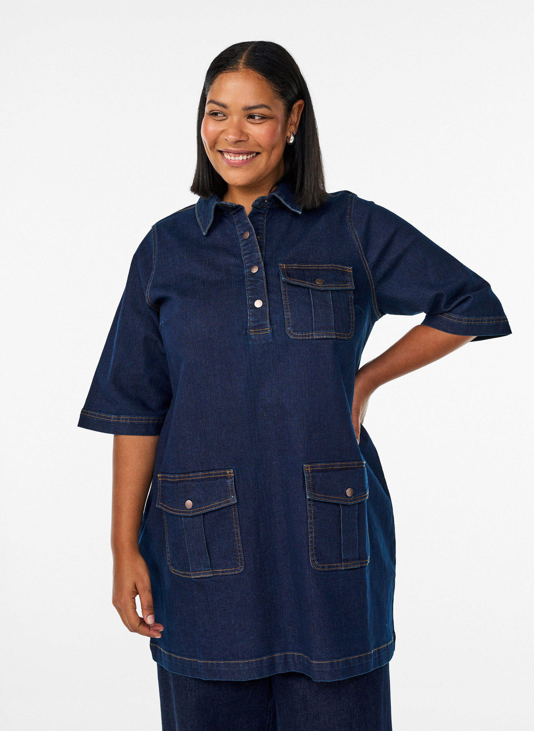 Denim jurk met grote zakken en 3/4 mouwen, Blauw, Model