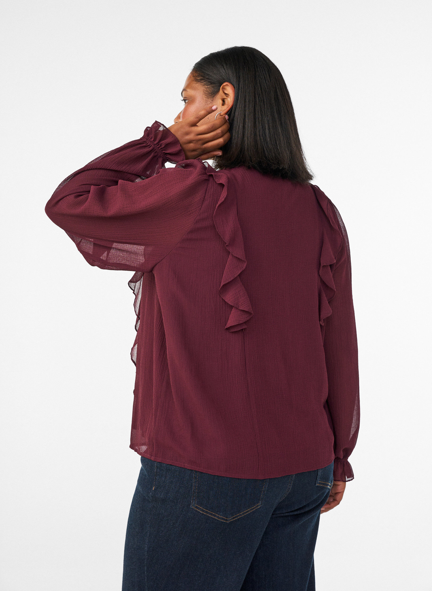 ZizziTransparante blouse met ruches en striksluiting, Rood, Model image number 2
