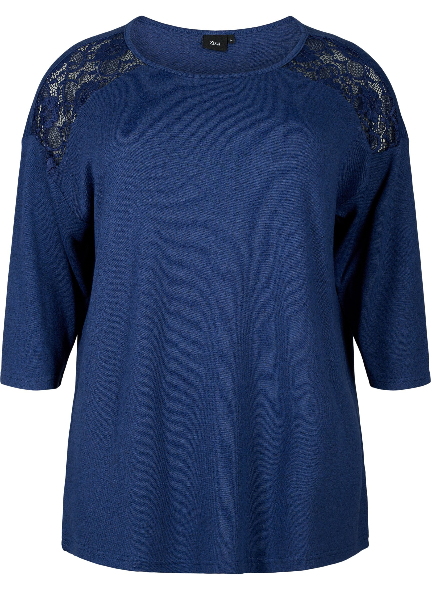 Zizzi Blouse met 3/4 mouwen en kanten detail, Medieval Blue Mel., Packshot image number 0